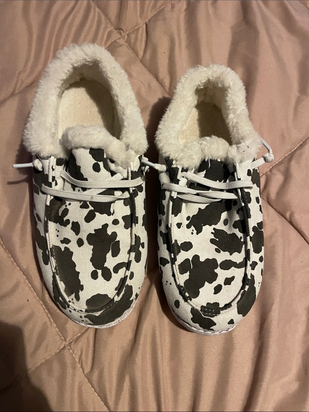 Cow Print Sherpa-Lined Slip-On Moccasins